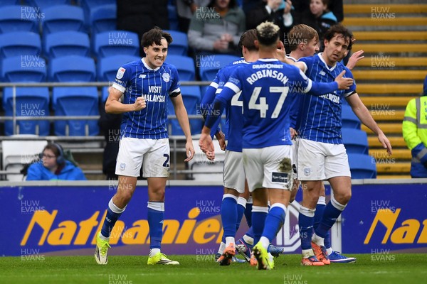 240126 - Cardiff City v Stockport County - Sky Bet League 1 - Joel Colwill of Cardiff City celebrates scoring a goal with team mates