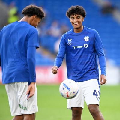 080926 - Cardiff City v Stoke City - Sky Bet Championship - Noah Anyadike of Cardiff City and Adeteye Gbadehan of Cardiff City