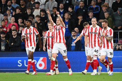 080926 - Cardiff City v Stoke City - Sky Bet Championship - George Hirst of Stoke celebrates towards the Stoke fans after his side scores the first goal of the game