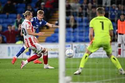 080926 - Cardiff City v Stoke City - Sky Bet Championship - Joel Bagan of Cardiff City has a shot go close