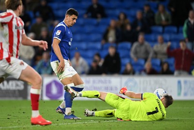 080926 - Cardiff City v Stoke City - Sky Bet Championship - Yousef Salech of Cardiff City has a shot saved by Viktor Johansson of Stoke
