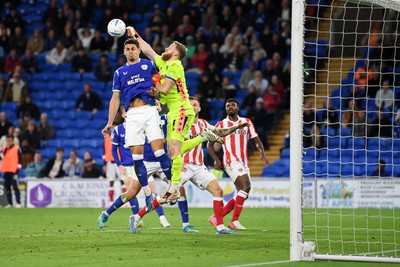 080926 - Cardiff City v Stoke City - Sky Bet Championship - Viktor Johansson of Stoke clears the ball away from Yousef Salech of Cardiff City