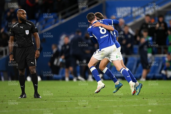 080926 - Cardiff City v Stoke City - Sky Bet Championship - Joel Colwill of Cardiff City celebrates scoring a goal with team mates