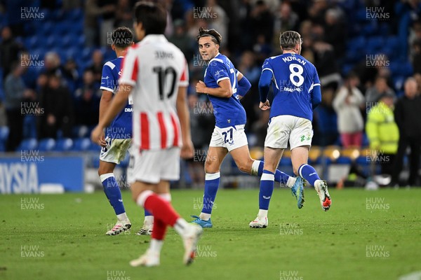 080926 - Cardiff City v Stoke City - Sky Bet Championship - Joel Colwill of Cardiff City celebrates scoring a goal with team mates