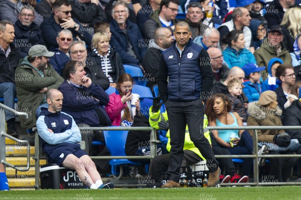 220423 - Cardiff City v Stoke City - Sky Bet Championship - Cardiff City manager Sabri Lamouchi reacts after his side concedes their first goal 