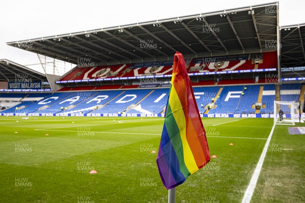 240224 - Cardiff City v Stoke City - Sky Bet Championship - Rainbow corner flag ahead of the match