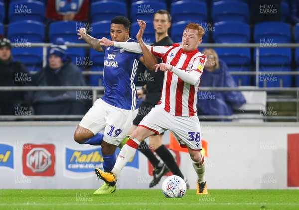 261119 - Cardiff City v Stoke City, Sky Bet Championship - Nathaniel Mendez-Laing of Cardiff City and Ryan Woods of Stoke City compete for the ball