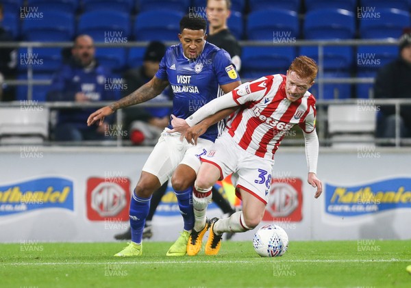 261119 - Cardiff City v Stoke City, Sky Bet Championship - Nathaniel Mendez-Laing of Cardiff City and Ryan Woods of Stoke City compete for the ball