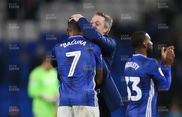 261119 - Cardiff City v Stoke City, Sky Bet Championship - Cardiff City manager Neil Harris celebrates with goalscorer Leandro Bacuna of Cardiff City at the end of the match