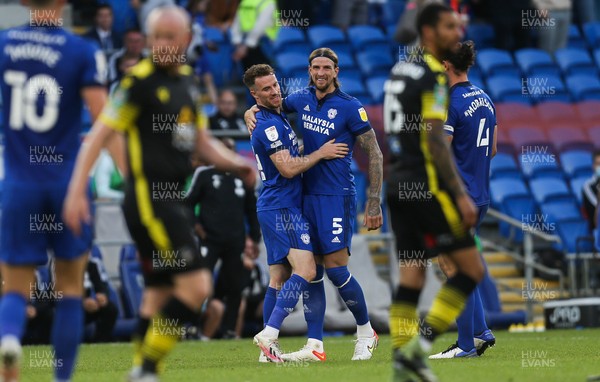 100821 - Cardiff City v Sutton United, EFL Carabao Cup - Marley Watkins of Cardiff City celebrates with Aden Flint of Cardiff City after scoring the second goal