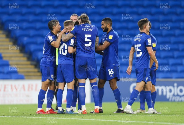100821 - Cardiff City v Sutton United, EFL Carabao Cup - Cardiff players celebrate with Josh Murphy of Cardiff City after he scores Cardiff's third goal