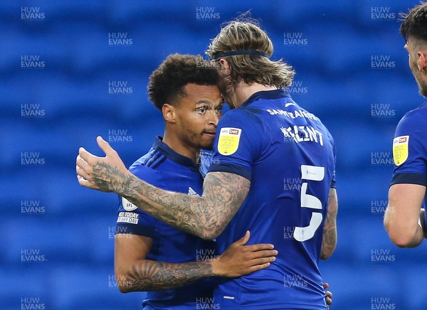100821 - Cardiff City v Sutton United, EFL Carabao Cup - Josh Murphy of Cardiff City is congratulated by Aden Flint of Cardiff City after he scores Cardiff's third goal