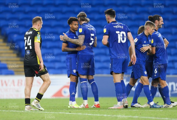 100821 - Cardiff City v Sutton United, EFL Carabao Cup - Cardiff players celebrate with Josh Murphy of Cardiff City after he scores Cardiff's third goal