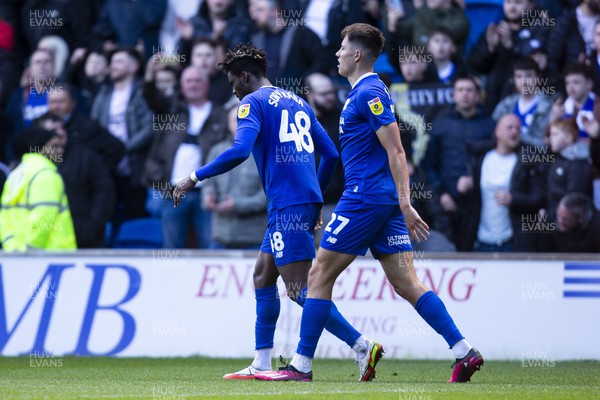 010423 - Cardiff City v Swansea City - Sky Bet Championship - Sory Kaba of Cardiff City celebrates scoring his sides second goal with Rubin Colwill of Cardiff City