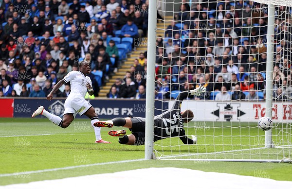 020422 - Cardiff City v Swansea City, South Wales derby - SkyBet Championship - Michael Obafemi of Swansea City scores the first goal of the game
