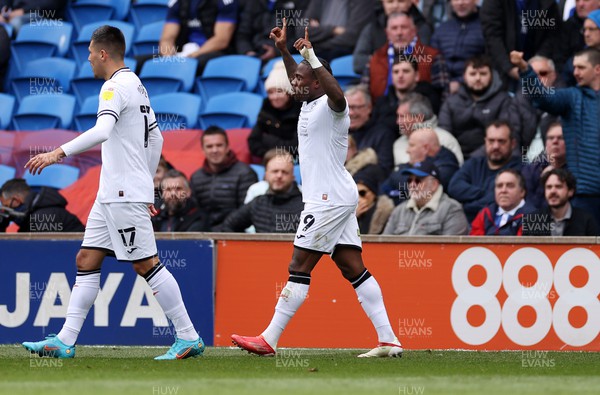 020422 - Cardiff City v Swansea City, South Wales derby - SkyBet Championship - Michael Obafemi of Swansea City celebrates scoring a goal in front of the Cardiff fans