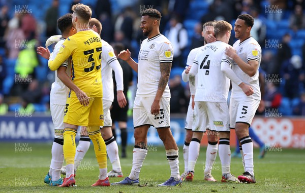 020422 - Cardiff City v Swansea City, South Wales derby - SkyBet Championship - Cyrus Christie of Swansea City and team mates celebrate at full time