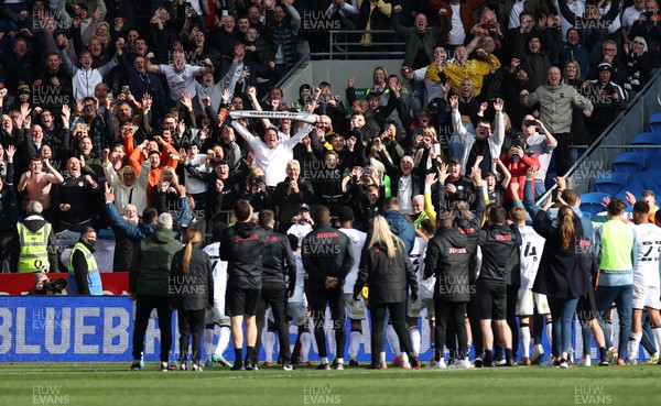 020422 - Cardiff City v Swansea City, South Wales derby - SkyBet Championship - The Swansea team celebrate with the fans at full time