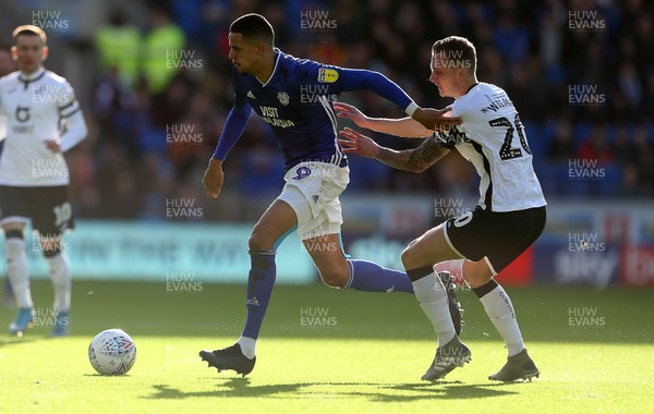 120120 - Cardiff City v Swansea City - SkyBet Championship - Robert Glatzel of Cardiff City is tackled by Ben Wilmot of Swansea City