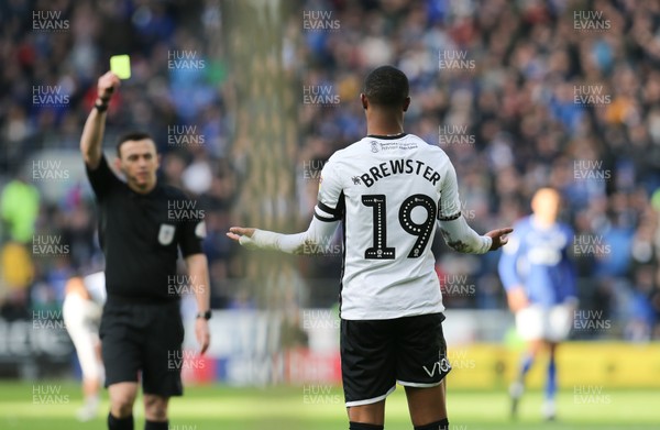 120120 - Cardiff City v Swansea City, Sky Bet Championship - Rhian Brewster of Swansea City is shown a yellow card for the challenge on Lee Tomlin of Cardiff City