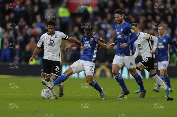 120120 - Cardiff City v Swansea City, Sky Bet Championship - Wayne Routledge of Swansea City is challenged by Lee Peltier of Cardiff City