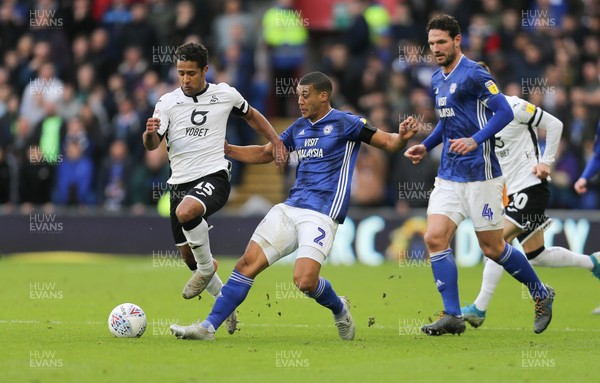 120120 - Cardiff City v Swansea City, Sky Bet Championship - Wayne Routledge of Swansea City is challenged by Lee Peltier of Cardiff City