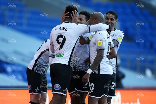 121220 - Cardiff City v Swansea City - SkyBet Championship - Jamal Lowe of Swansea City celebrates scoring their second goal with team mates
