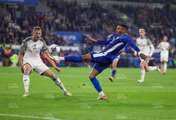160923 - Cardiff City v Swansea City, EFL Sky Bet Championship - Karlan Grant of Cardiff City crosses as Harry Darling of Swansea City closes in
