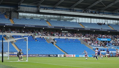 080826 - Cardiff City v Swindon Town, EFL Carabao Cup - Yousef Salech of Cardiff City scores from the penalty spot