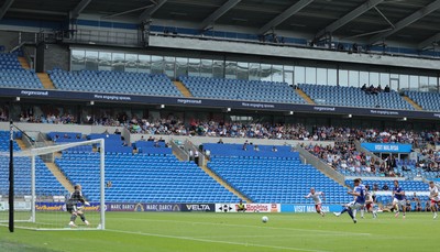080826 - Cardiff City v Swindon Town, EFL Carabao Cup - Yousef Salech of Cardiff City scores from the penalty spot