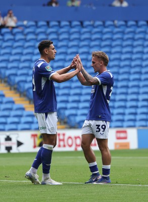 080826 - Cardiff City v Swindon Town, EFL Carabao Cup - Yousef Salech of Cardiff City, left, celebrates after scoring goal with Isaak Davies of Cardiff City