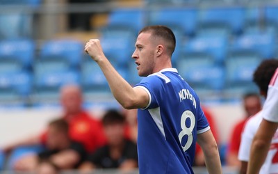080826 - Cardiff City v Swindon Town, EFL Carabao Cup - Jack Moylan of Cardiff City celebrates after scoring the third goal