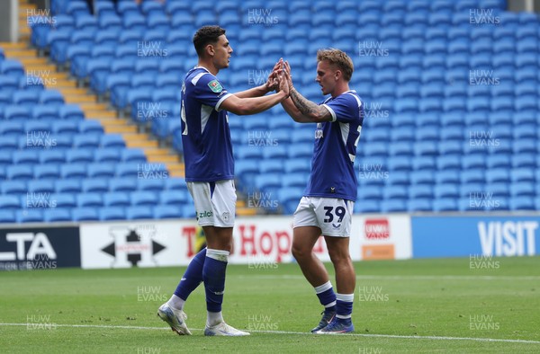 080826 - Cardiff City v Swindon Town, EFL Carabao Cup - Yousef Salech of Cardiff City, left, celebrates after scoring goal with Isaak Davies of Cardiff City