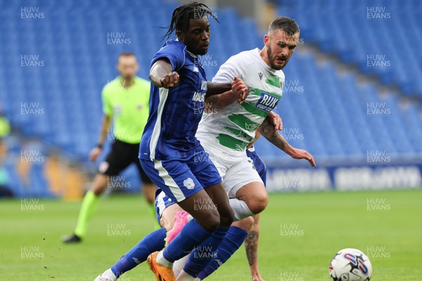 040723 - Cardiff City v The New Saints, Pre season friendly - Leo Smith of TNS is forced off the ball by Sheyi Ojo of Cardiff City and Joel Bagan of Cardiff City