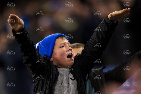 021122 - Cardiff City v Watford - Sky Bet Championship - A young Cardiff City fan celebrates his side's first goal