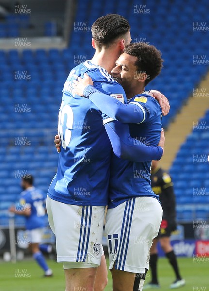 130321 Cardiff City v Watford, Sky Bet Championship - Kieffer Moore of Cardiff City and Josh Murphy of Cardiff City celebrate after Francisco Sierralta of Watford scores an own goal