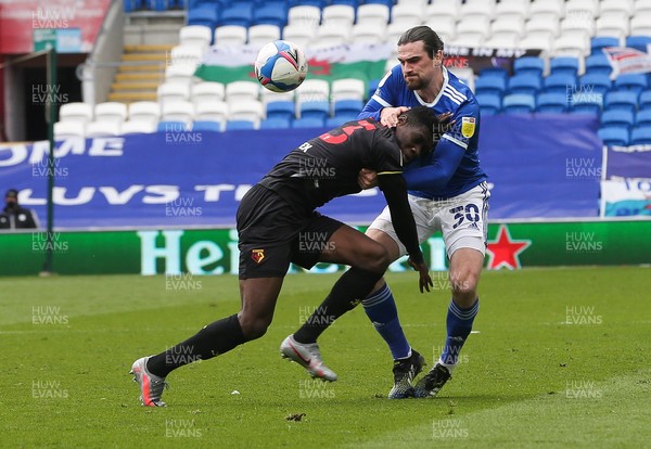 130321 Cardiff City v Watford, Sky Bet Championship - Ciaron Brown of Cardiff City and Ismaila Sarr of Watford battle for the ball