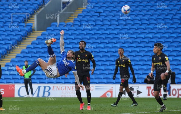 130321 Cardiff City v Watford, Sky Bet Championship - Aden Flint of Cardiff City tries a spectacular shot at goal