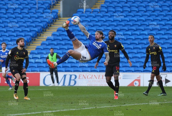 130321 Cardiff City v Watford, Sky Bet Championship - Aden Flint of Cardiff City tries a spectacular shot at goal