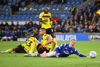 131026 - Cardiff City v Watford - Sky Bet Championship - Jack Moylan of Cardiff City is fouled in the box by Mattie Pollock of Watford to win a penalty