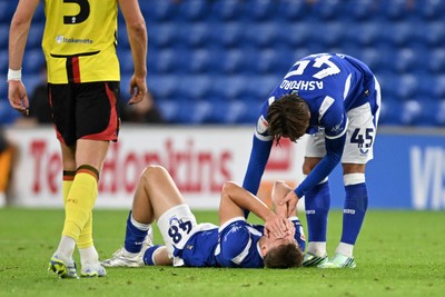 131026 - Cardiff City v Watford - Sky Bet Championship - Cian Ashford of Cardiff City consoles Dylan Lawlor of Cardiff City after he is forced off with an injury 