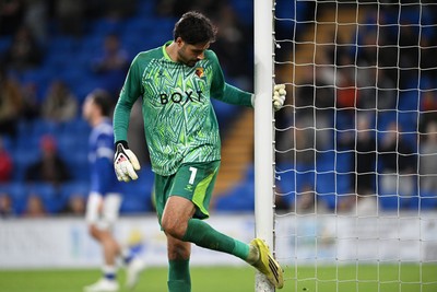 131026 - Cardiff City v Watford - Sky Bet Championship - Federico Ravaglia of Watford kicks the post after conceding his second goal
