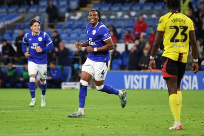 131026 - Cardiff City v Watford - Sky Bet Championship - Gabriel Osho of Cardiff City celebrates after Mattie Pollock of Watford scores an own goal