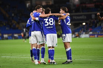 131026 - Cardiff City v Watford - Sky Bet Championship - Gabriel Osho of Cardiff City celebrates after Mattie Pollock of Watford scores an own goal