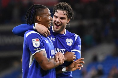 131026 - Cardiff City v Watford - Sky Bet Championship - Gabriel Osho of Cardiff City celebrates with Ollie Tanner of Cardiff City after Mattie Pollock of Watford scores an own goal