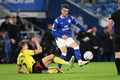 131026 - Cardiff City v Watford - Sky Bet Championship - David Turnbull of Cardiff City is challenged by Hector Kyprianou of Watford