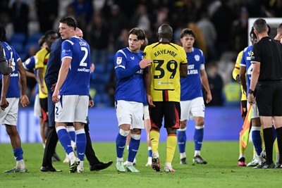 131026 - Cardiff City v Watford - Sky Bet Championship - Cian Ashford of Cardiff City and Edo Kayembe of Watford at full time