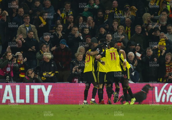220219 - Cardiff City v Watford, Premier League - Watford players celebrate after scoring the fourth goal