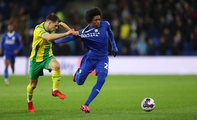 150323 - Cardiff City v West Bromwich Albion, EFL Sky Bet Championship - Jaden Philogene of Cardiff City and Jayson Molumby of West Bromwich Albion compete for the ball