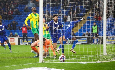 150323 - Cardiff City v West Bromwich Albion, EFL Sky Bet Championship - Sory Kaba of Cardiff City, left and Kion Etete of Cardiff City look on as Kaba’s header beats \West Bromwich Albion goalkeeper Josh Griffiths to score goal